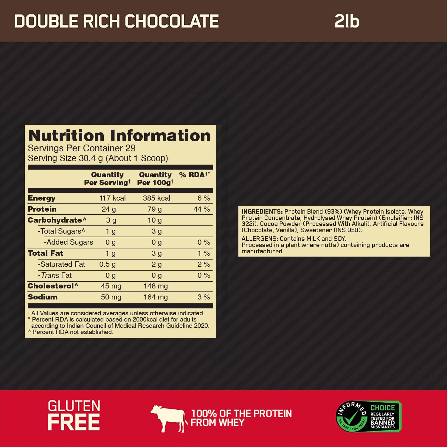 Optimum Nutrition (ON) Gold Standard 100% Whey Protein Powder 2 lbs, 907 g (Double Rich Chocolate)